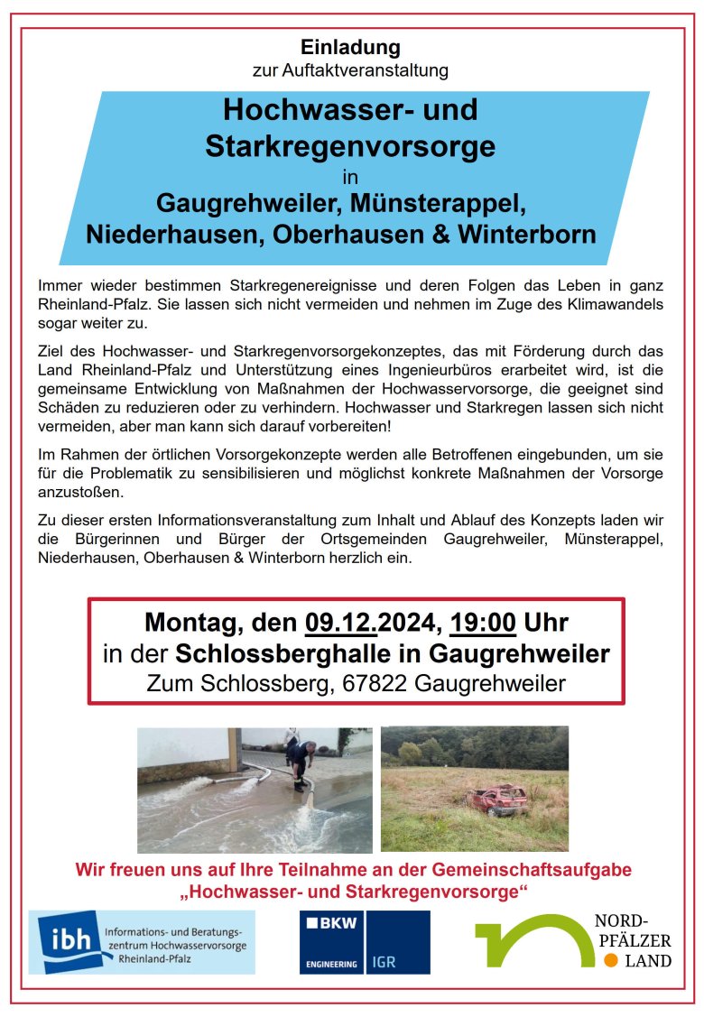 Einladungsplakat zur Auftaktveranstaltung "Hochwasser- und Starkregenvorsorge in Gaugrehweiler, Münsterappel, Niederhausen, Oberhausen und Winterborn"