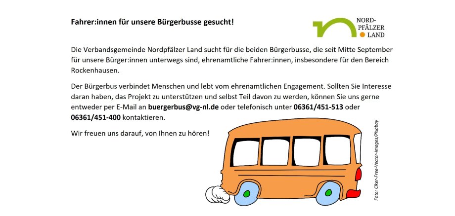 Anzeige zum Aufruf bezüglich der Fahrer:innensuche für die Bürgerbusse der VG Nordpfälzer Land